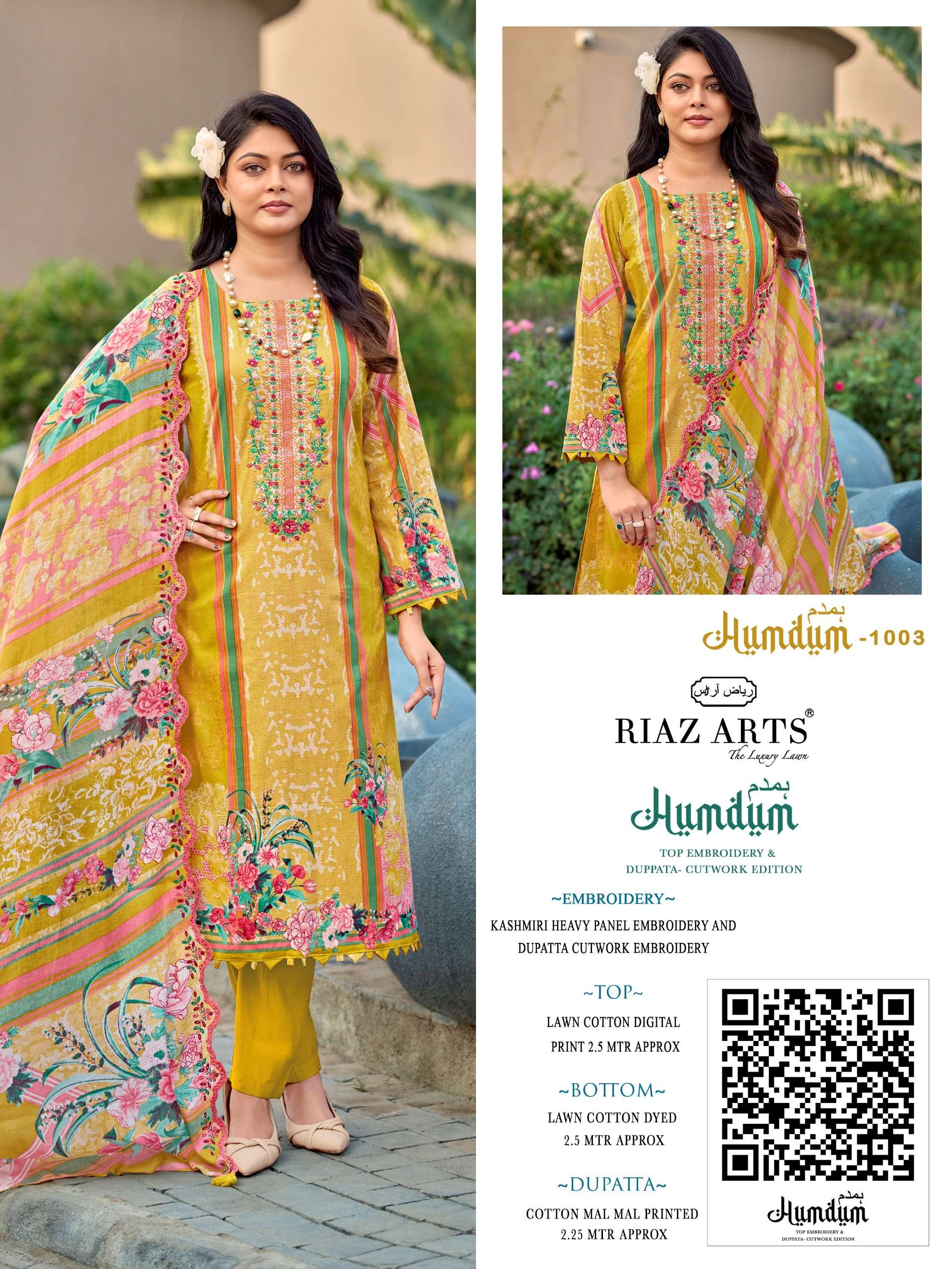 RIAZ ARTS HUMDUM TOP & DUP WORK LAWN COTTON DESIGNER PAKISTANI STYLE SUIT TEXTILE MARKET 